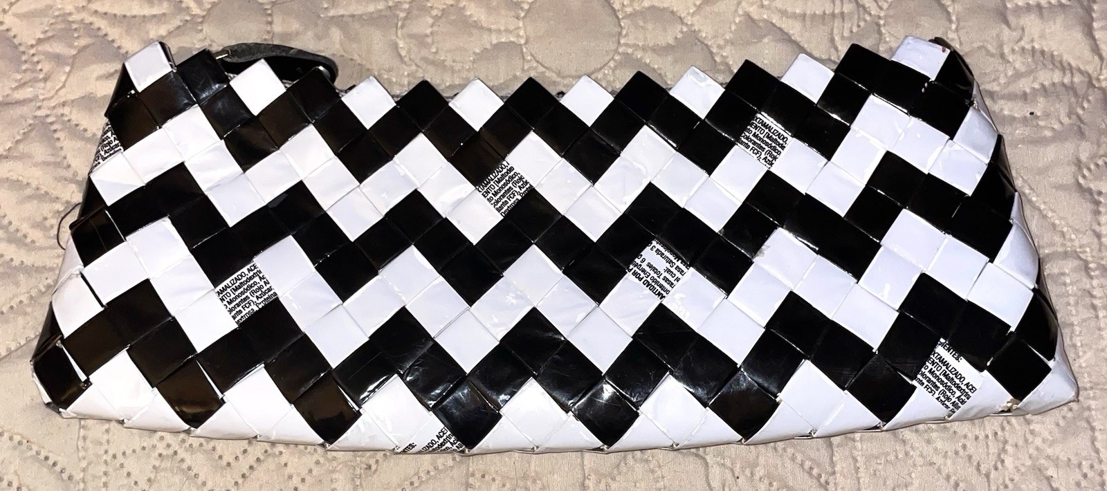 Nahui Ollin Clutch Bag Purse Recycled Candy Wrapper 11″x5″ Black White Zig Zag