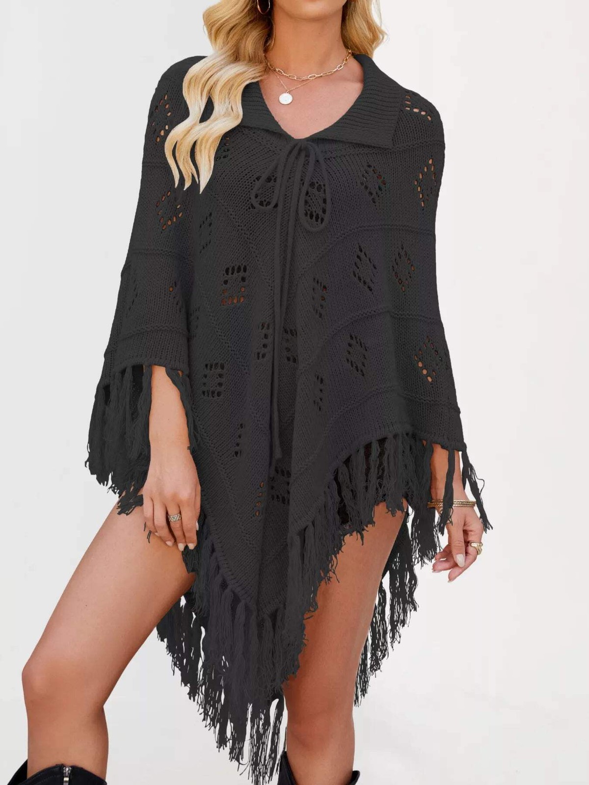 Women’s Fringe Tassel Tie Openwork Knit Boho Beach Cover Up Multi Colors S-XL
