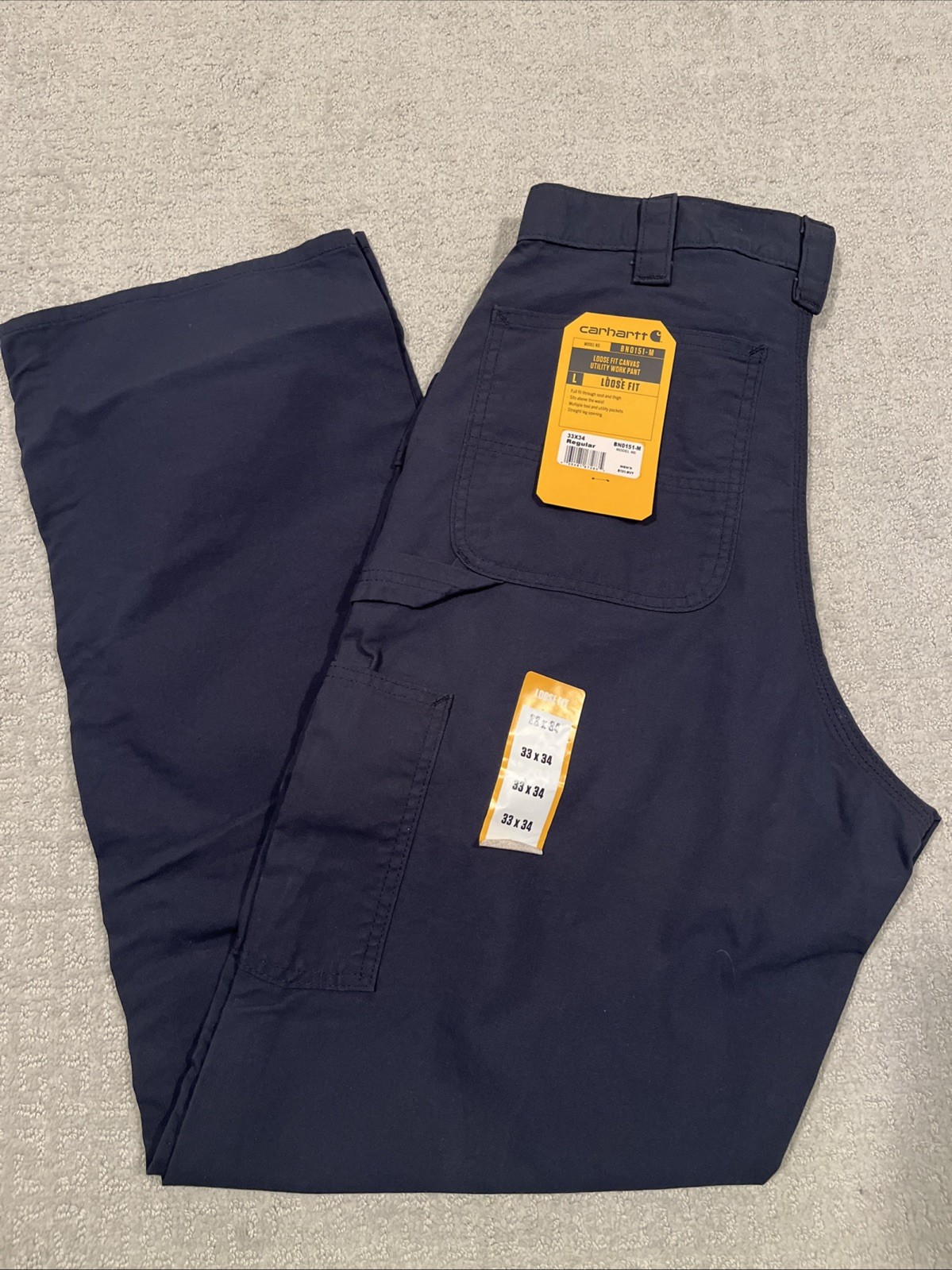 NWT Carhartt Mens 33×34 Navy Canvas Utility Carpenter Work Pants BNO151 NWT
