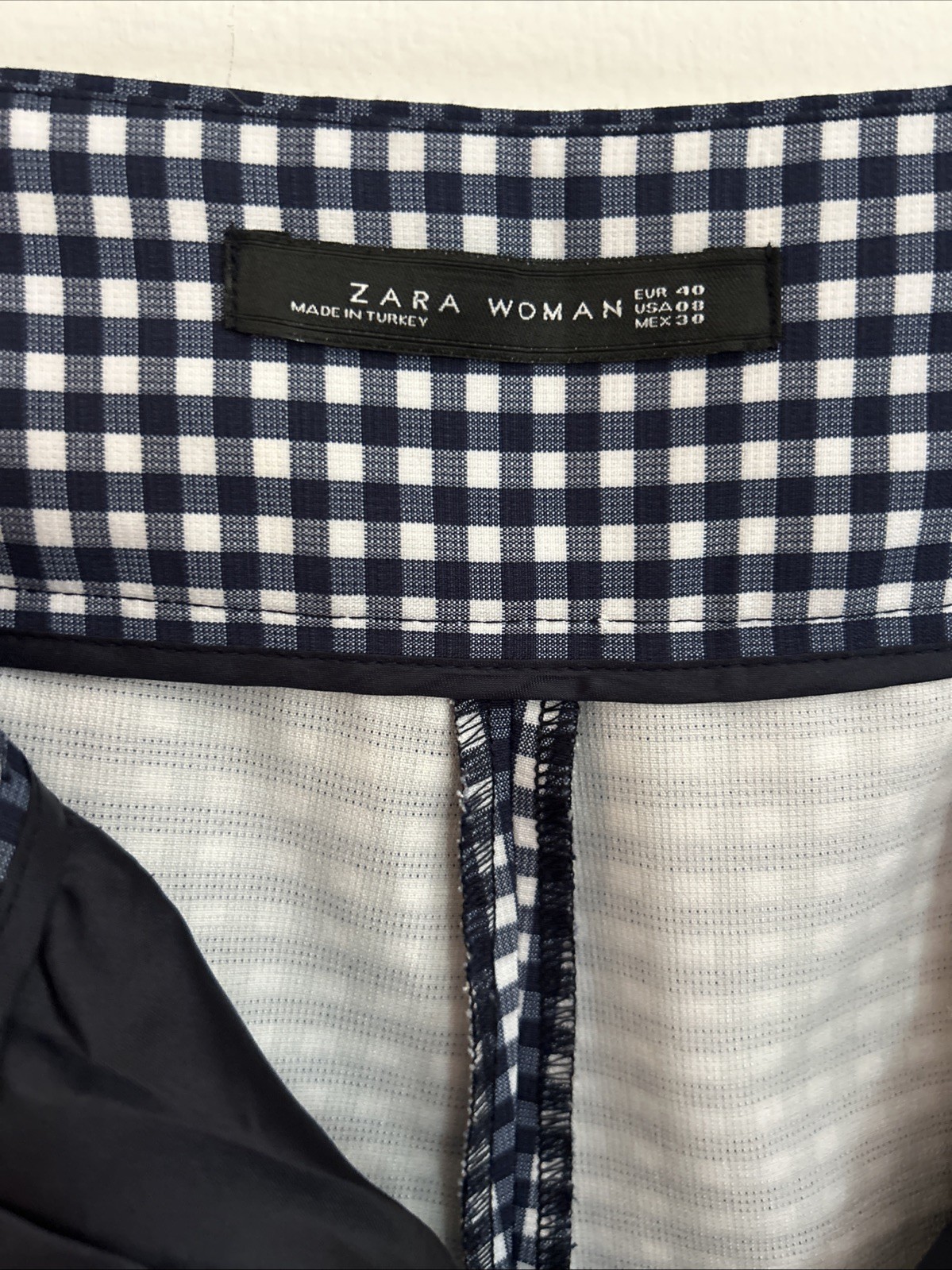 Zara Dress Pants Womens Blue White Gingham Stretch Sz 8 Slim Skinny