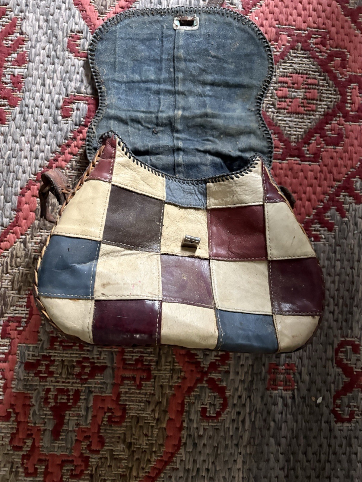 Multicolor lucky Patchwork Women’s Shoulder Bag, Buckle Closure, Brown Strap