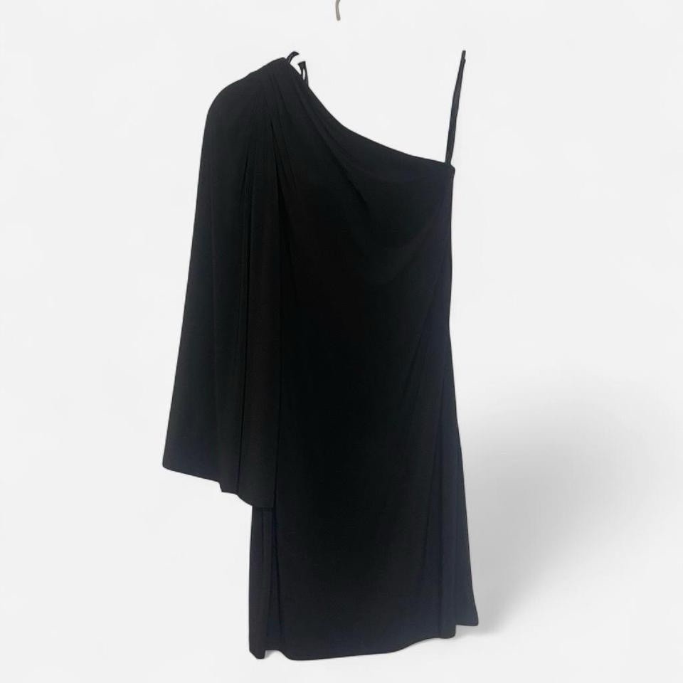 Dalia MacPhee One-Shoulder Cape Sleeve Jersey Mini Dress – Black