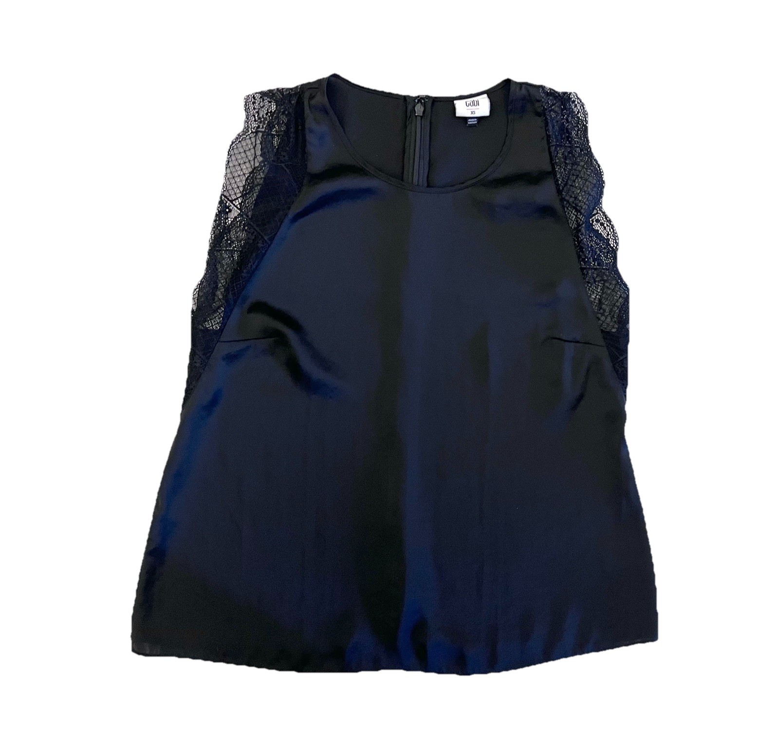 CAbi Veil Lace Trim Silky Soft Sleeveless Top Blouse Black Lightweight Sz XS