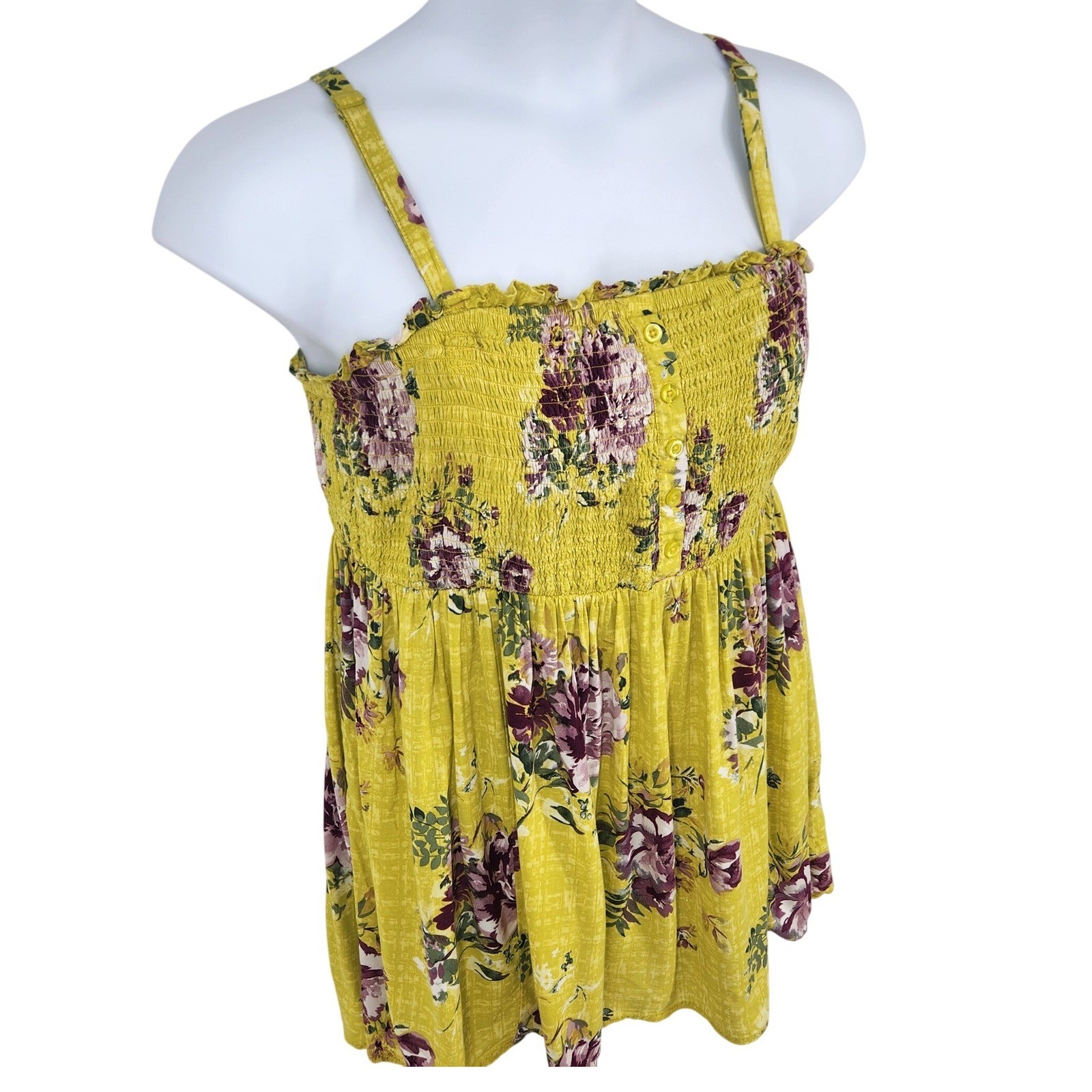 Torrid Womens Size 2 Yellow Floral Smocked Babydoll Cami Top Adjustable Strap