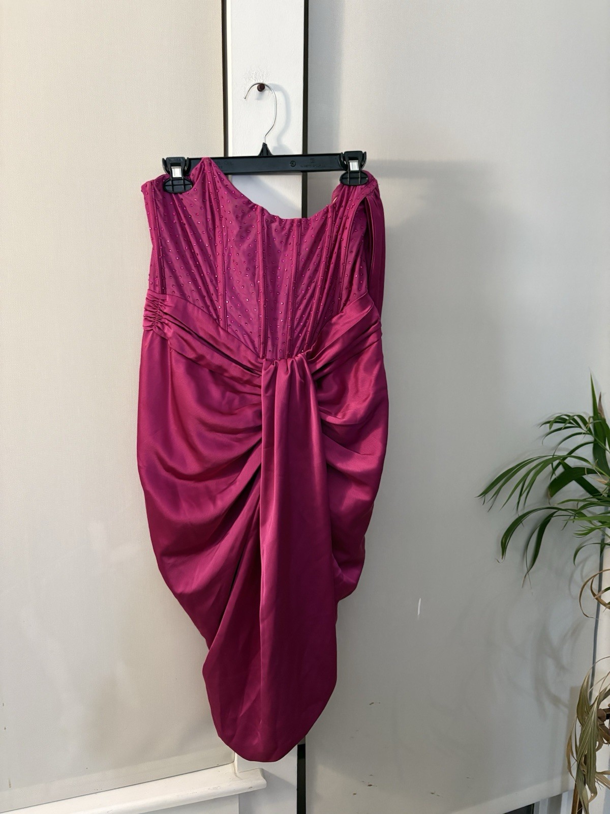 Miss Circle Purple Satin Ruched Off-Shoulder Beaded Corset Midi Dress L