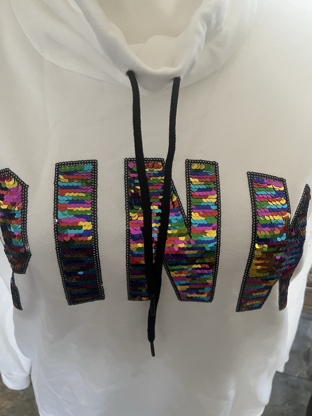 VictoriaSecret PINK L Campus Bling Sequins Glitter Rainbow Cowl Neck Hoodie 💜