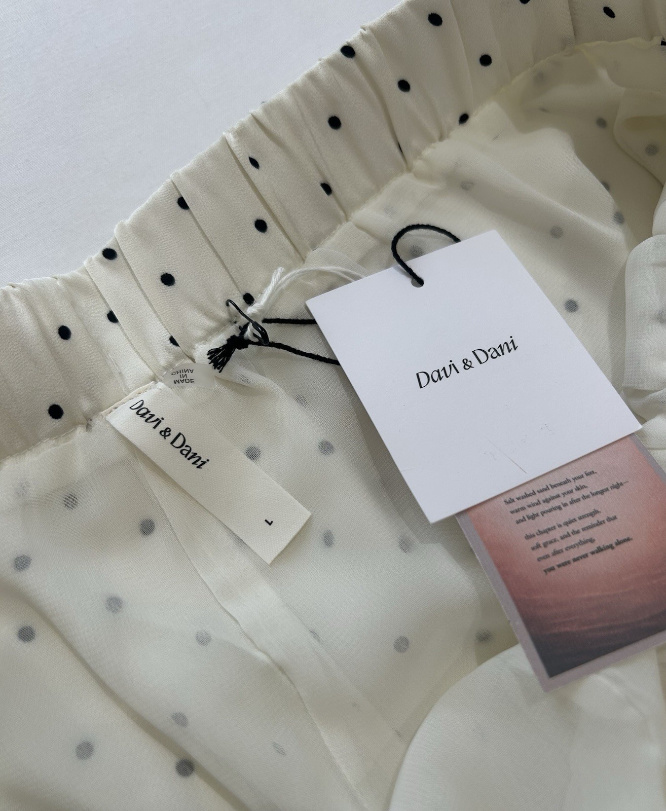 Davi & Dani Satin White Polka Dot Shorts with Black Lace Trim, Size L NWT