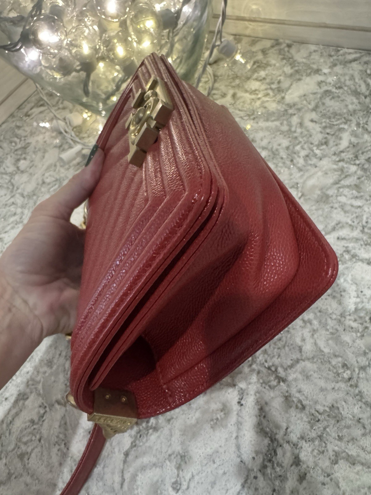 CHANEL Chevron Quilted Red Shoulder Bag Chain Strap CC Push Lock Gold HW