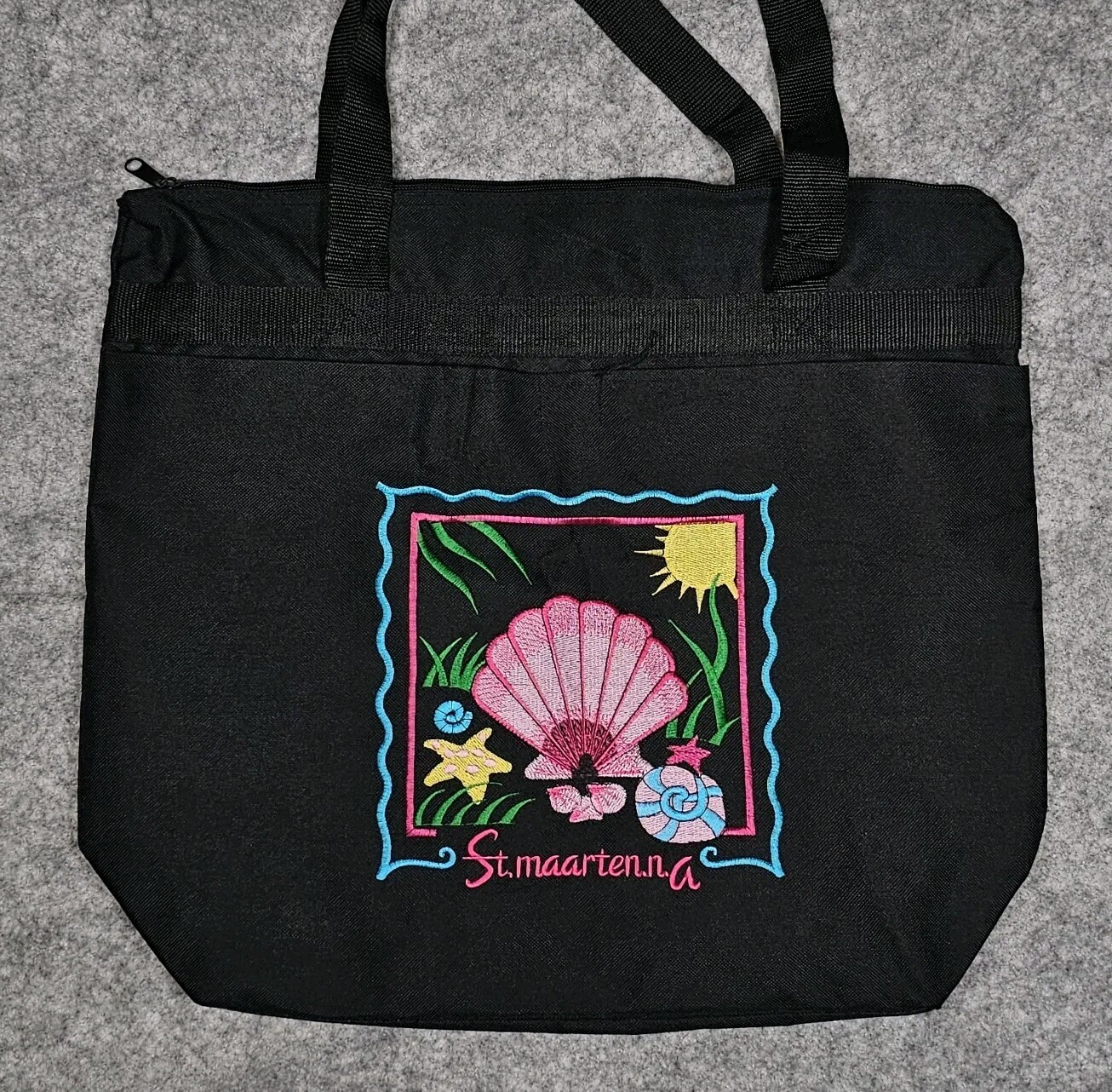 St. Maarten N.A. Beach Black Embroidered Tote Bag Zipper Closure Sea Clam Ocean