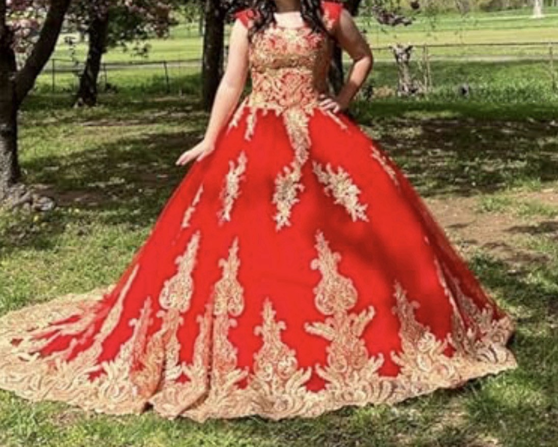 Red/Gold Off Shoulder Ball Gown Tulle Floral Embroidered Sequin Train size 12
