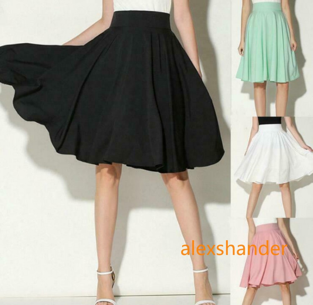 New Women Midi Flared Knee Length Skater Skirt Ladies Stretch Office Work Skirt