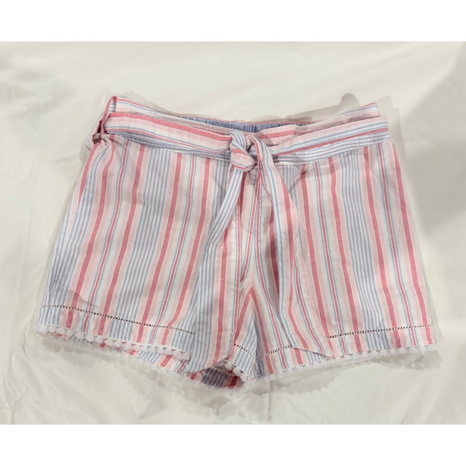 Vineyard Vines Striped Belted Shorts Red White Blue Side Zip Frayed Hem Size 6