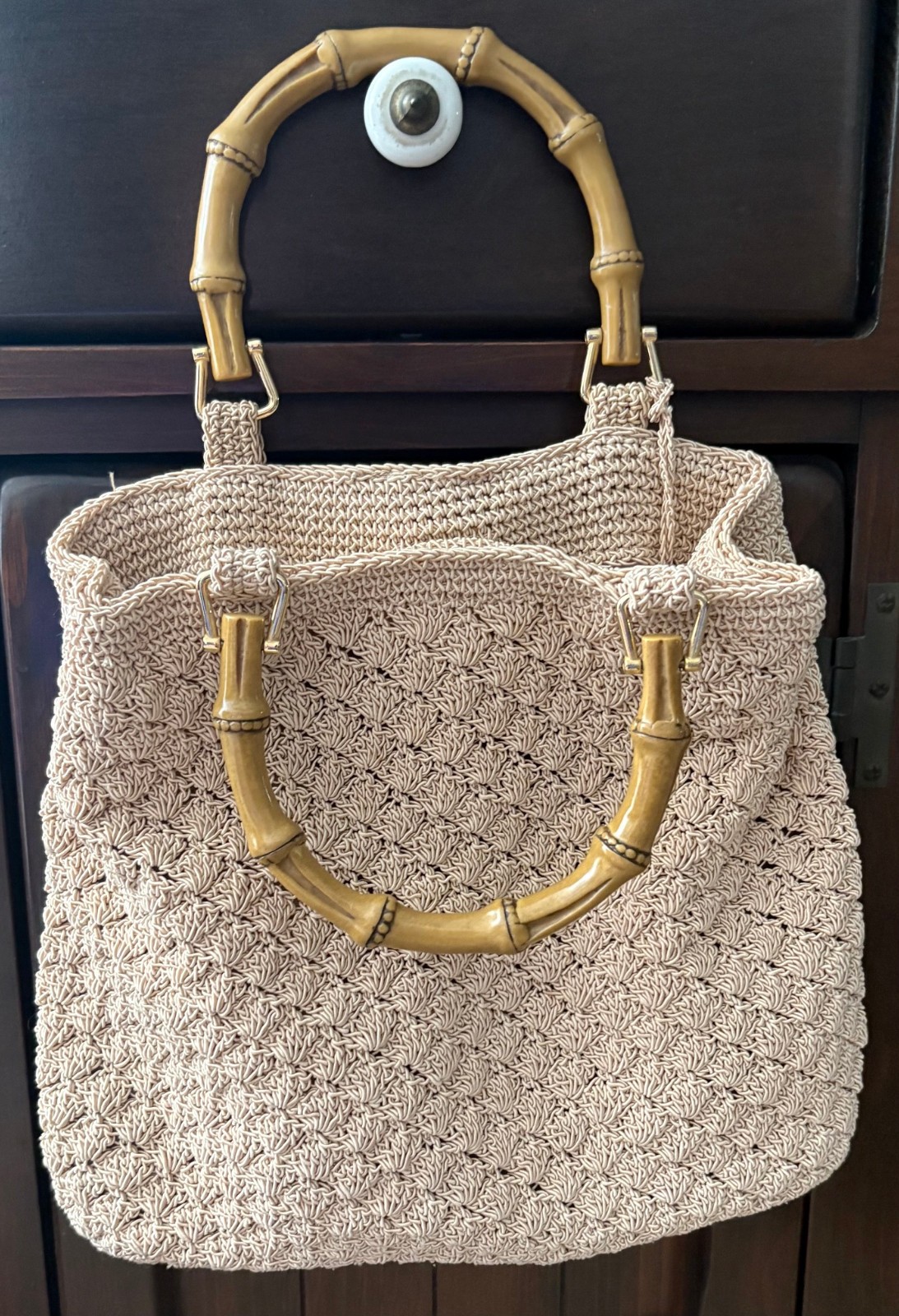 Vintage Liz Claiborne Crochet Macrame Purse Bag Bamboo Handles Purple Lining