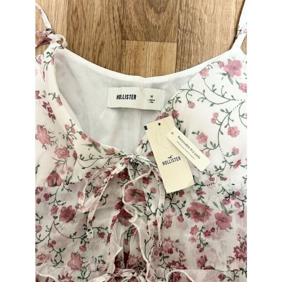 NWT Hollister Floral Chiffon Tie Front Peplum Cami Top White Pink Medium
