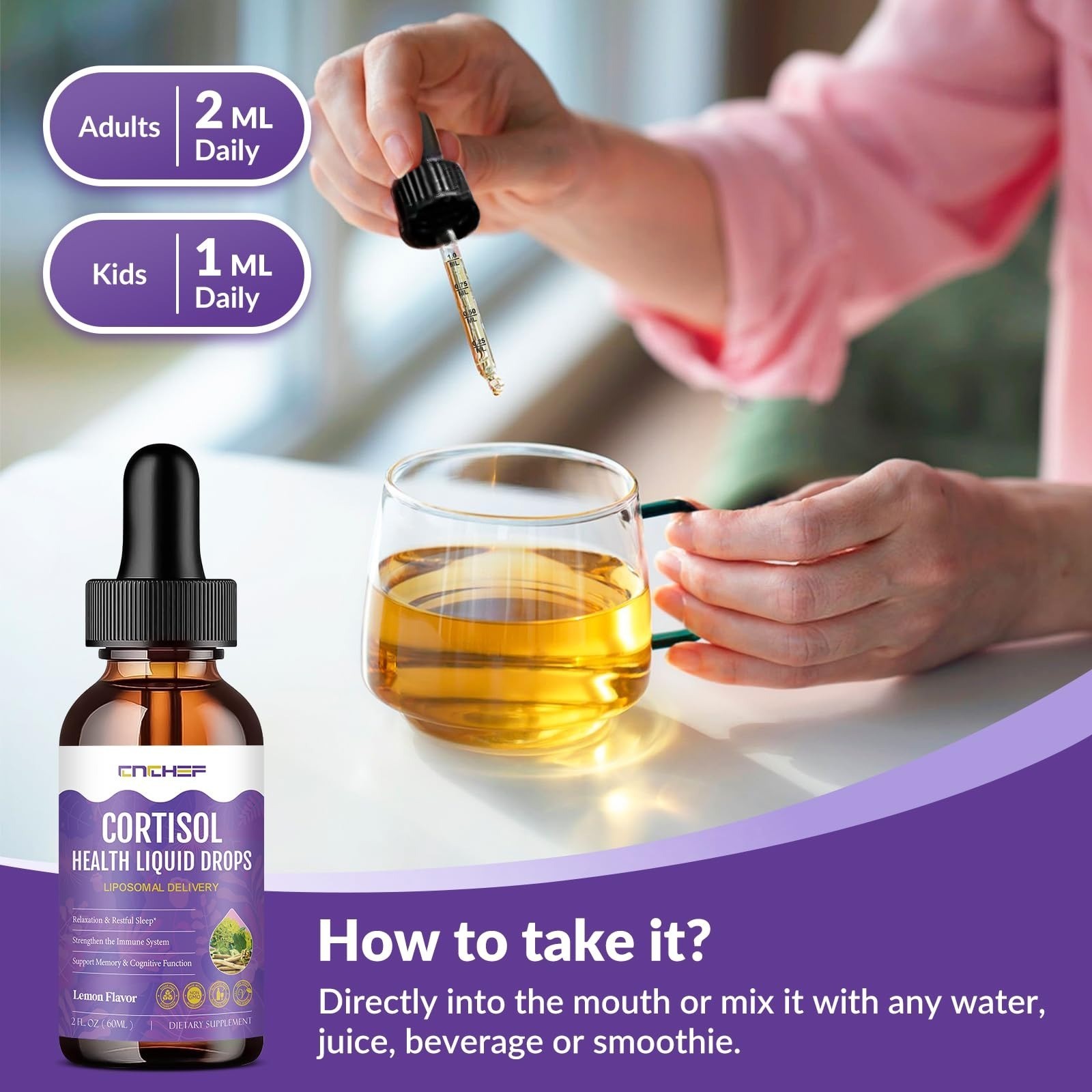 CNCHEF Cortisol Supplement Liquid Drops Lemon 2 fl oz Stress Support