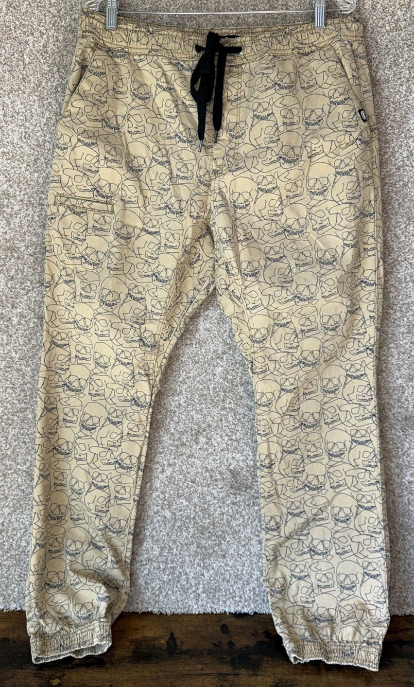Ecko Unltd Pants Mens Sz 36 Beige Joggers Skull All Over Print AOP Punk Hip Hop