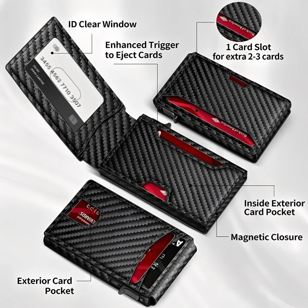 Men’s Slim PopUp Bifold Carbon Fiber Wallet, RFID Blocking, Card Holder,Men Gift