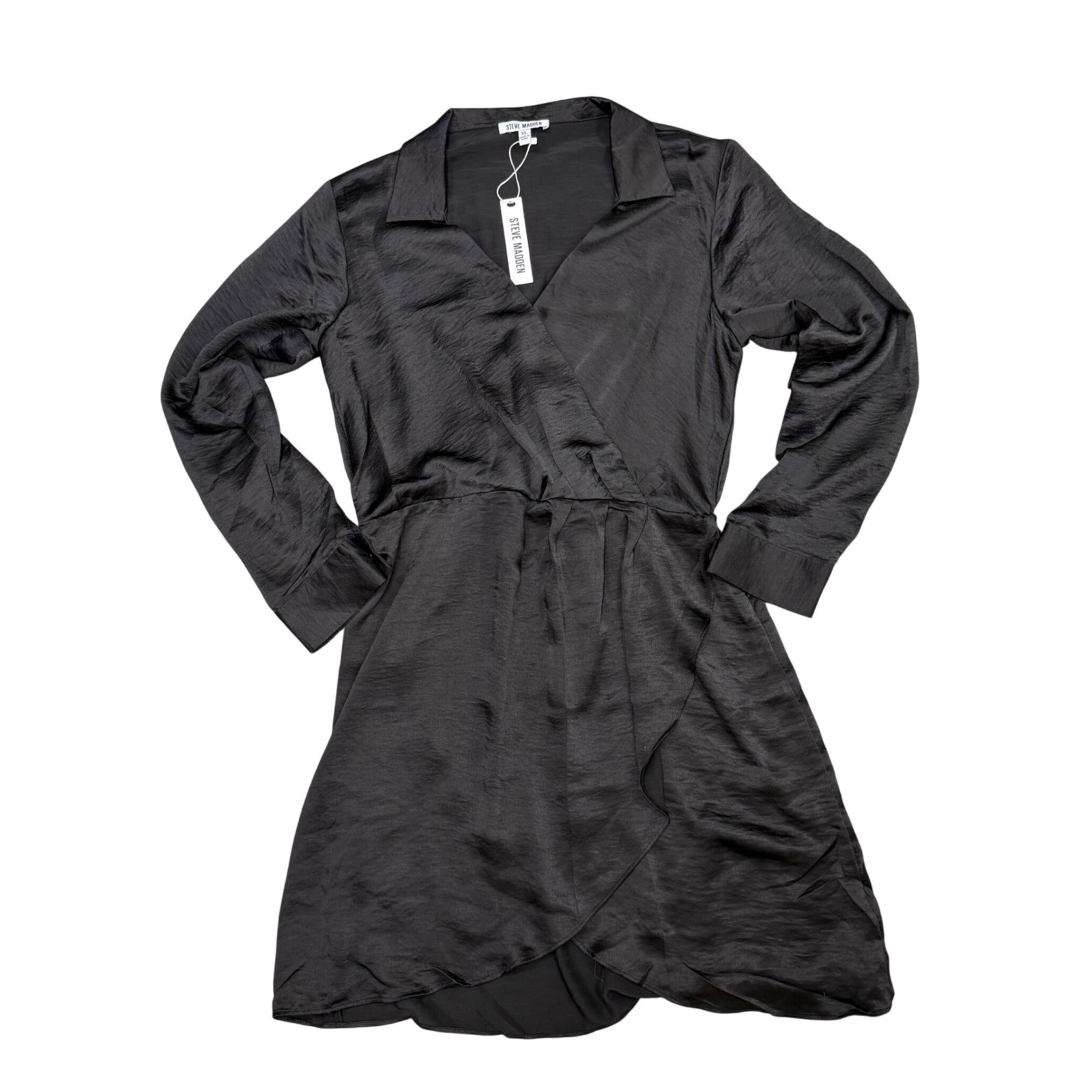 Steve Madden Washed Satin Faux Wrap Dress Size XL Black Long Sleeve Mini NWT
