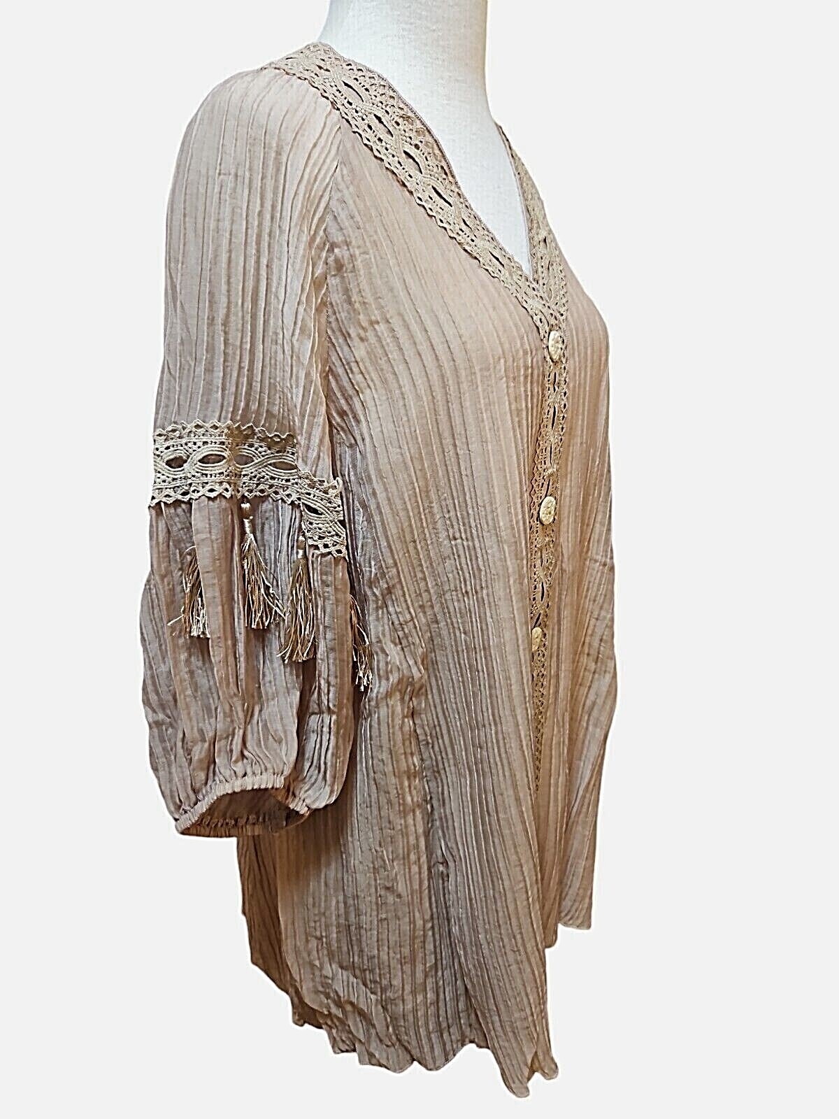 Pretty Angel Blouse Womens Large Tan Brown 3/4 Sleeve Fringe V Neck Bohemian New