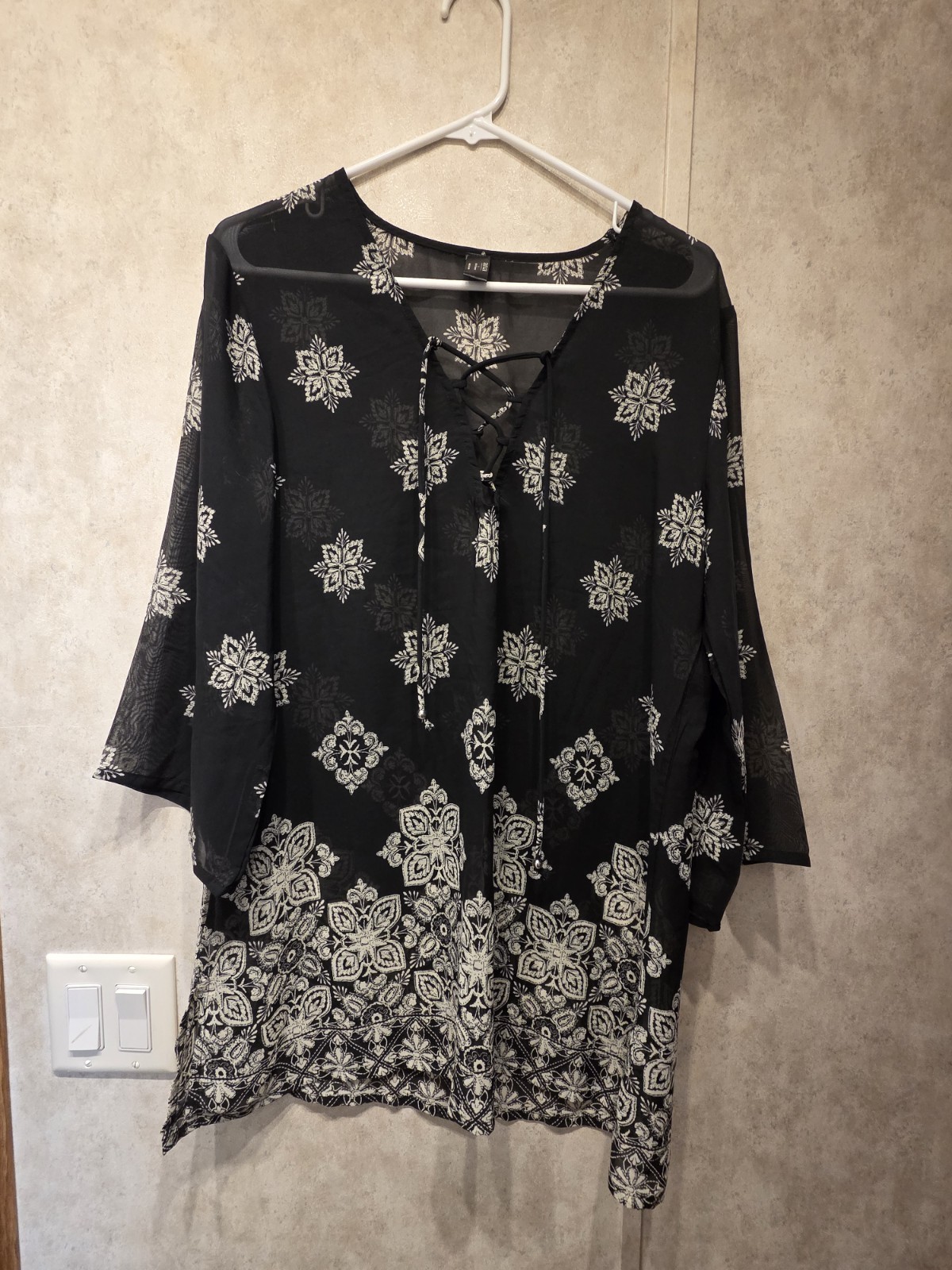 A.N.A Sheer Black Tunic Top White Pattern Lace Up V Neck Size Large Boho Beach