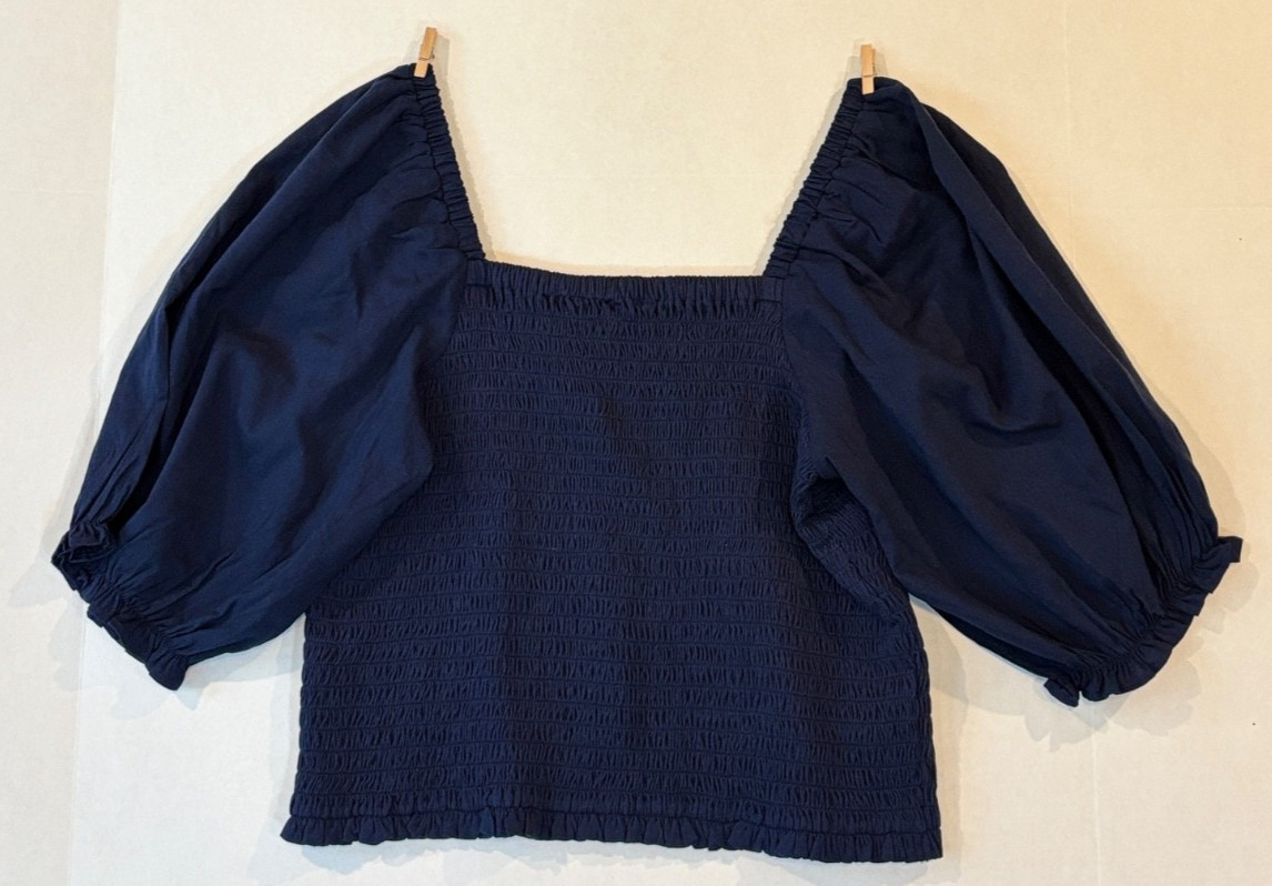 LOFT Navy Blue Smocked Puff Sleeve Blouse Women’s Large L Peplum Square Neck Top