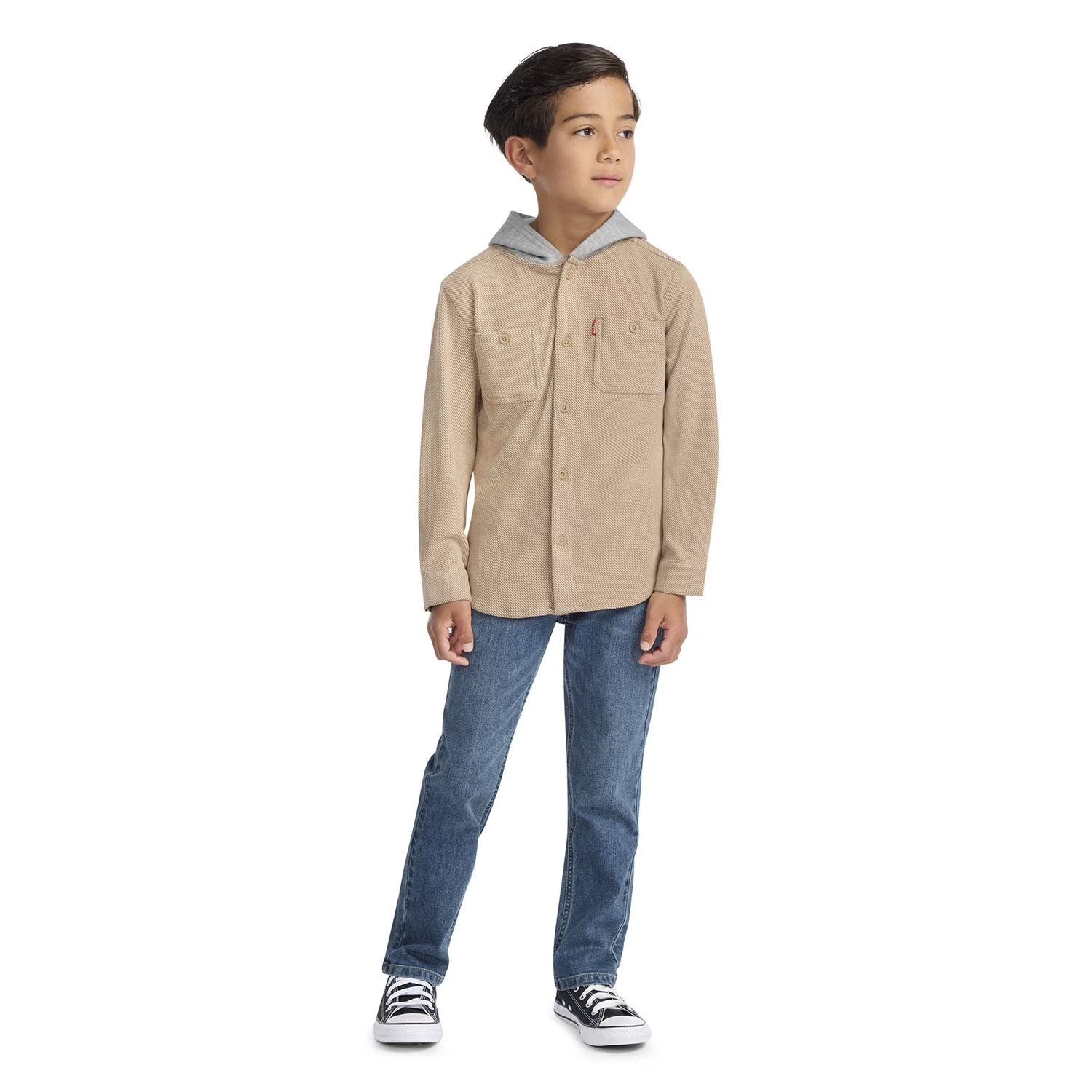Levi’s Boys Warm Regular Fit Button Up Flannel Hooded Overshirt Iced Coffee M 8