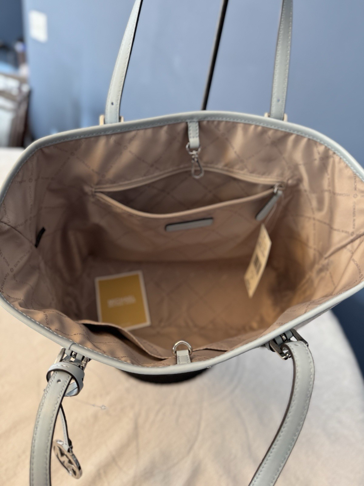 Michael Kors Jet Set Monogram Tote Carryall White/Blue, Silver Hardware Charm