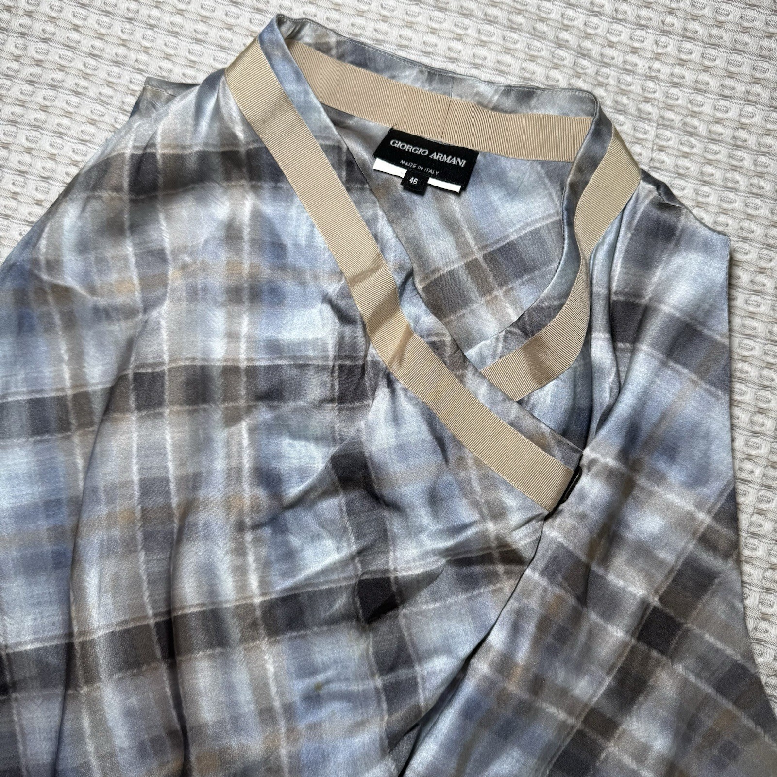 Giorgio Armani Silk Blend Blue Plaid Sleeveless Top Minimalist Size 46 US 10
