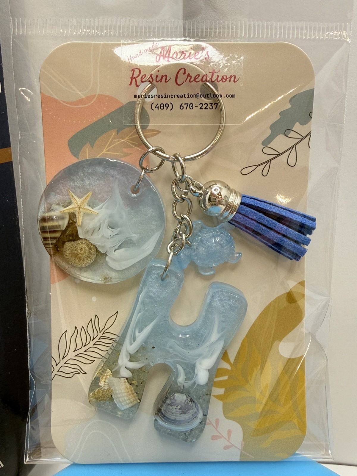 Custom made keychain Beach Theme Baby Blue Resin Keychain.