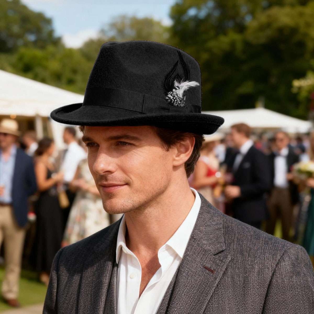 Classic Fedora Hats for Men Gentleman Short Brim Felt Feather Panama Dress Hat
