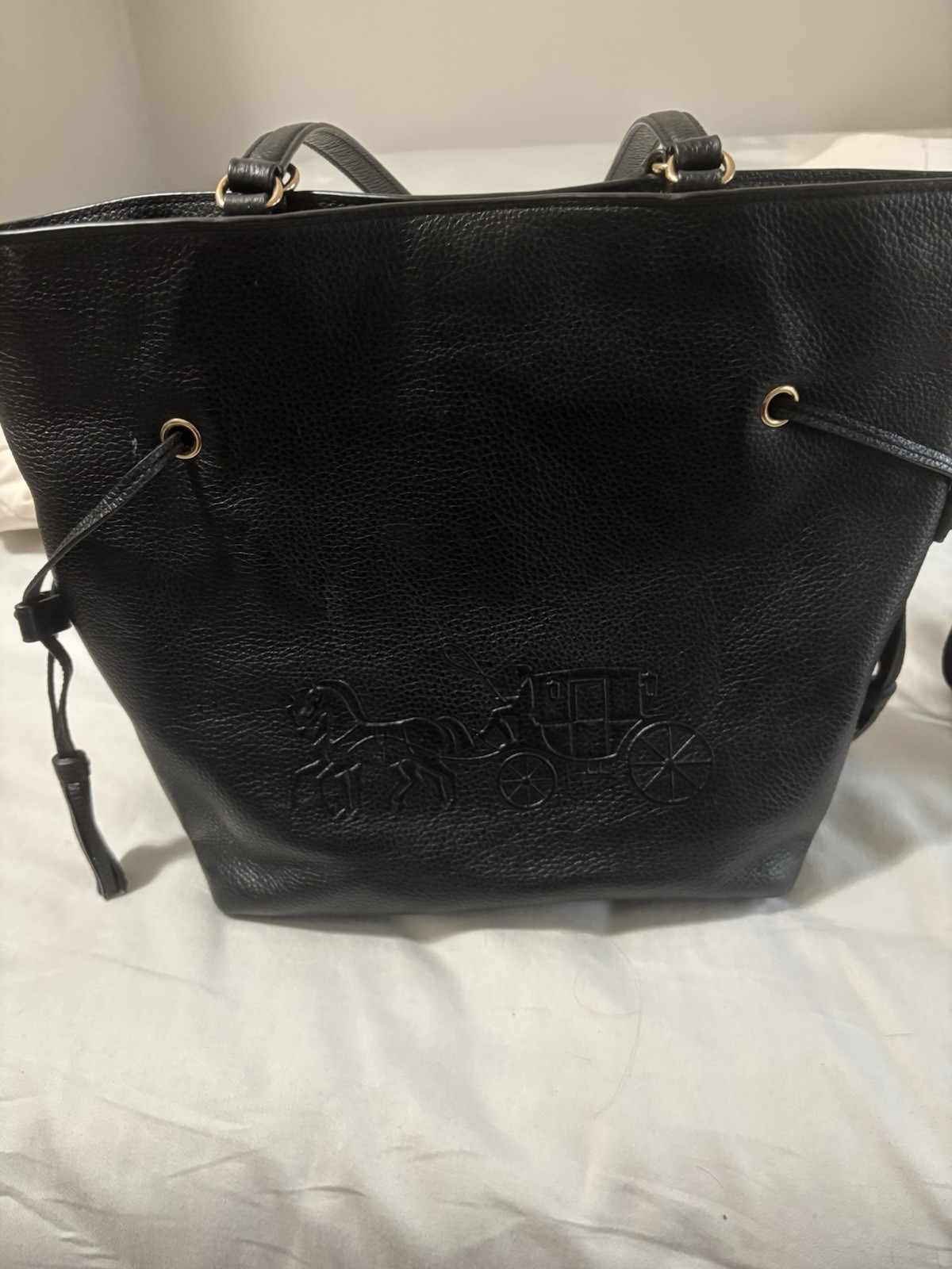 Coach Black Pebble Leather Tote Bag Carraige Logo Andy CA200 Drawstring