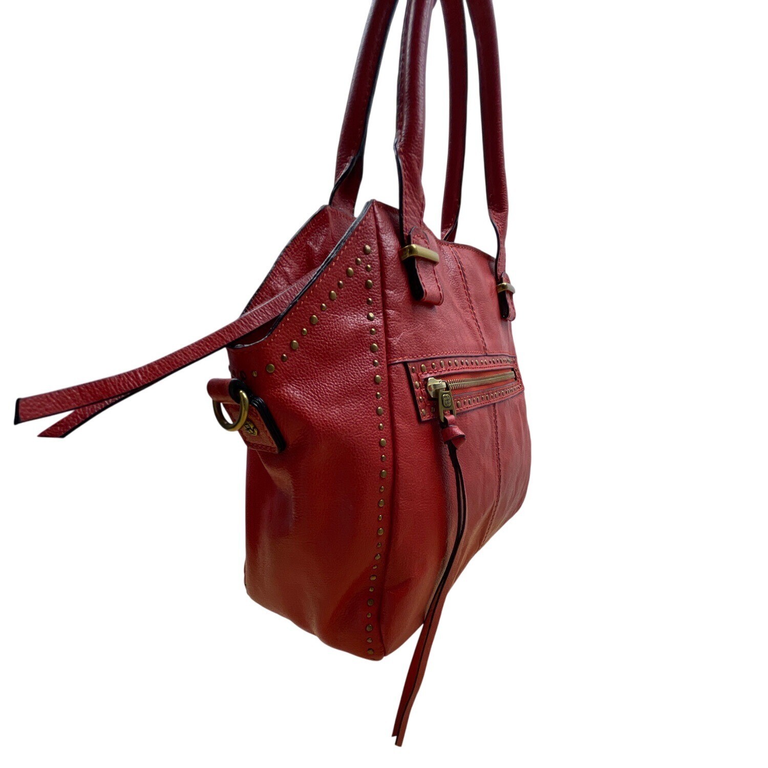 Elliott Lucca Red Studded Leather With Top Handles & Crossbody Strap Satchel Bag