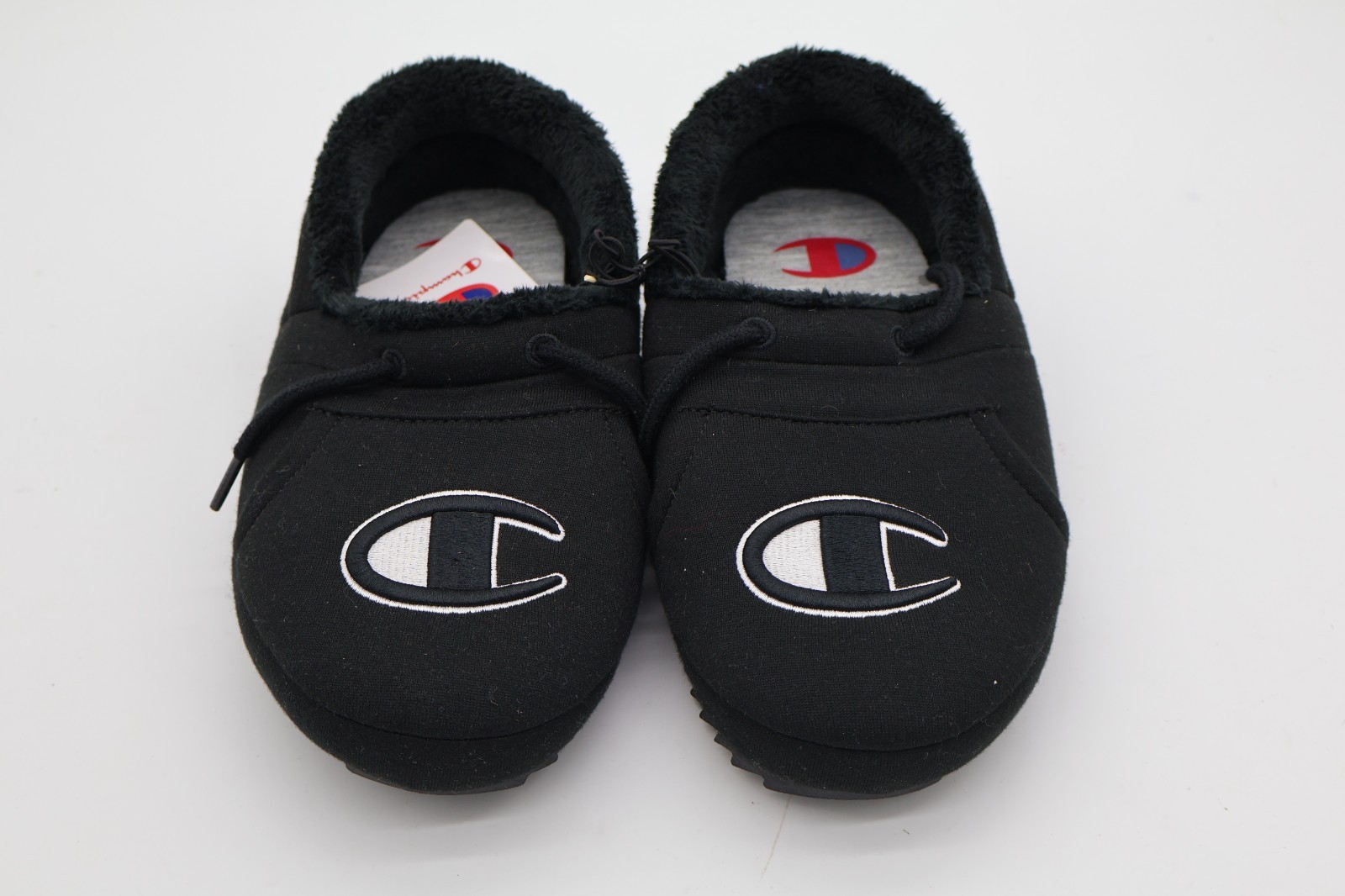 Champion Black, Blue & Grey Logo Slip-On Slippers Faux Fur Lined Non-Slip W9/M7