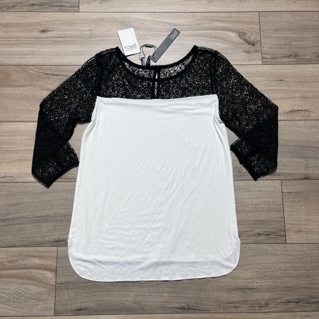 Revel Womens Colorblock 3/4 Sleeve Open Knit Fabric Top S Black & Light Cream