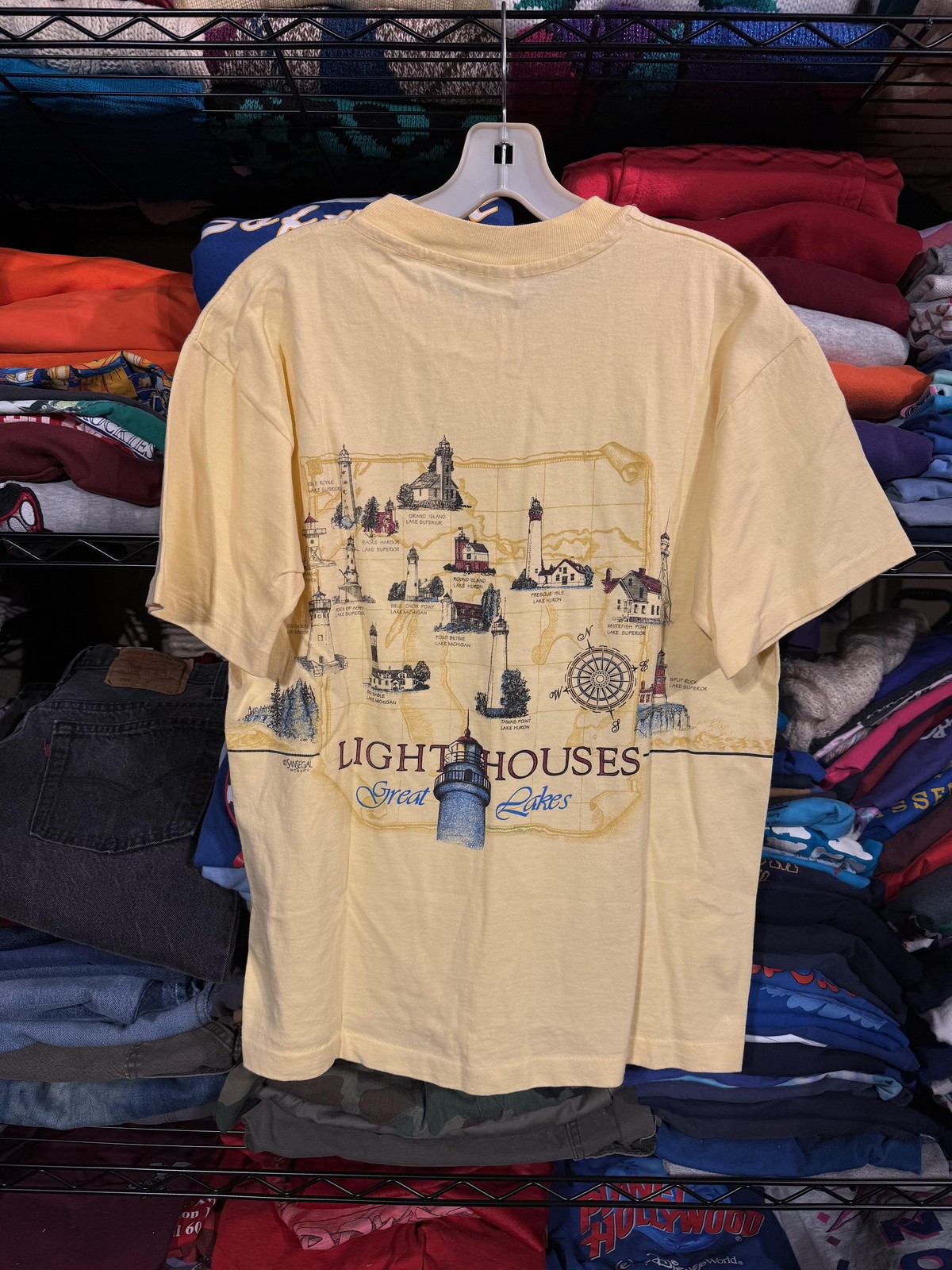 Vintage Michigan Lighthouses Shirt Mens Medium Yellow Anvil USA 90s Tee