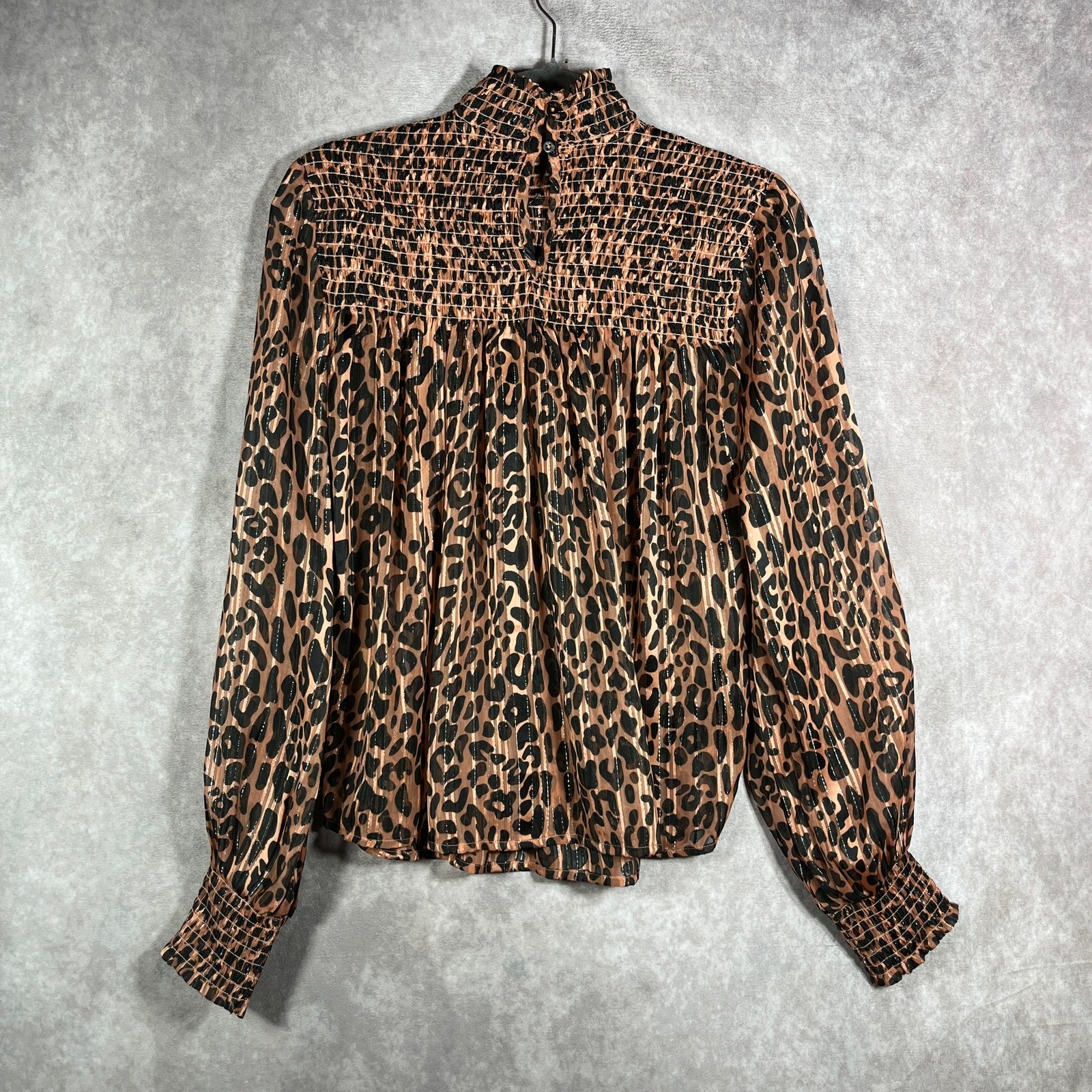 Scotch & Soda Blouse Womens XS Brown Black Leopard Long Sleeve Smocked Casual