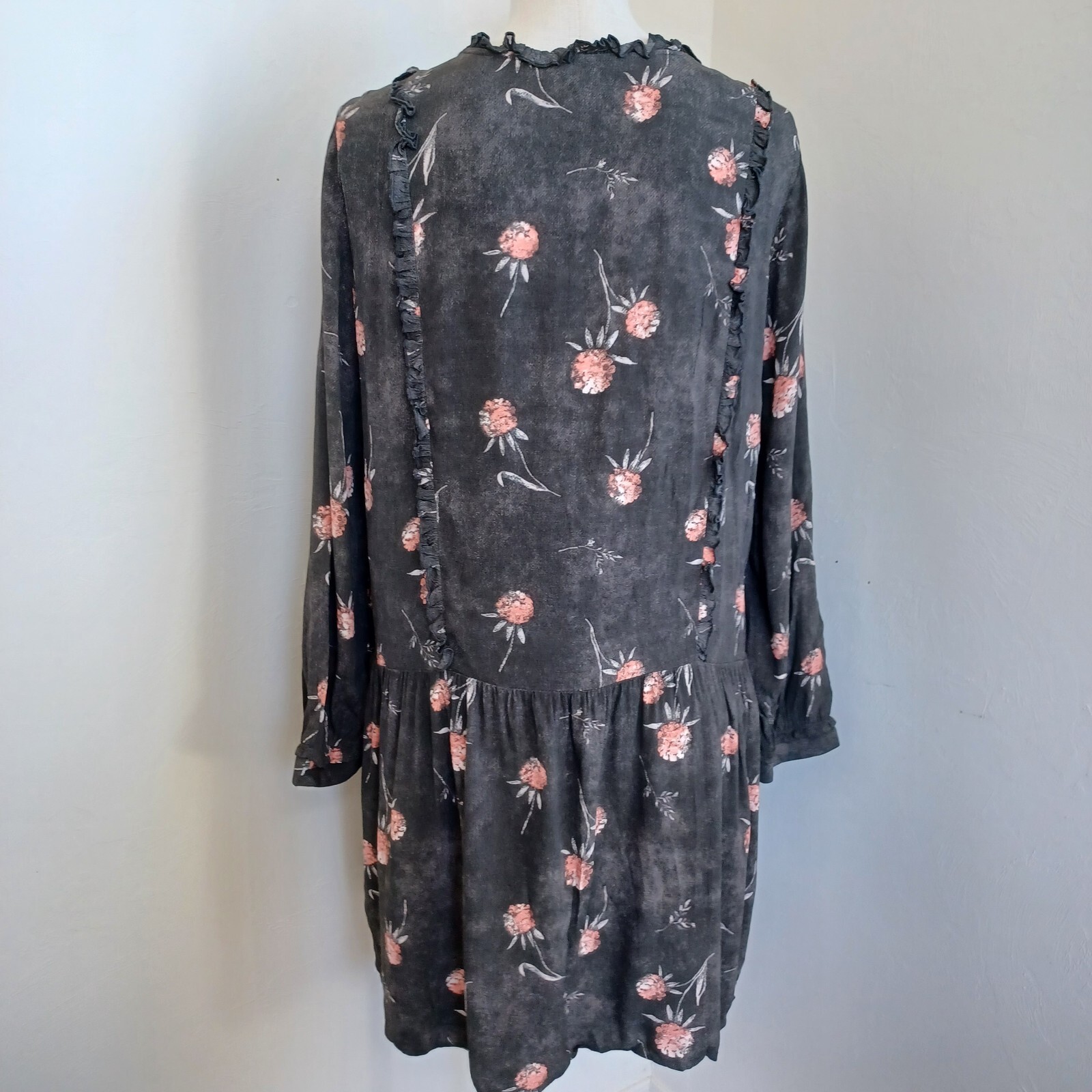 Caslon Dress Womens Med Brown Pink Floral Long Sleeve Drop Waist Tie Neckline
