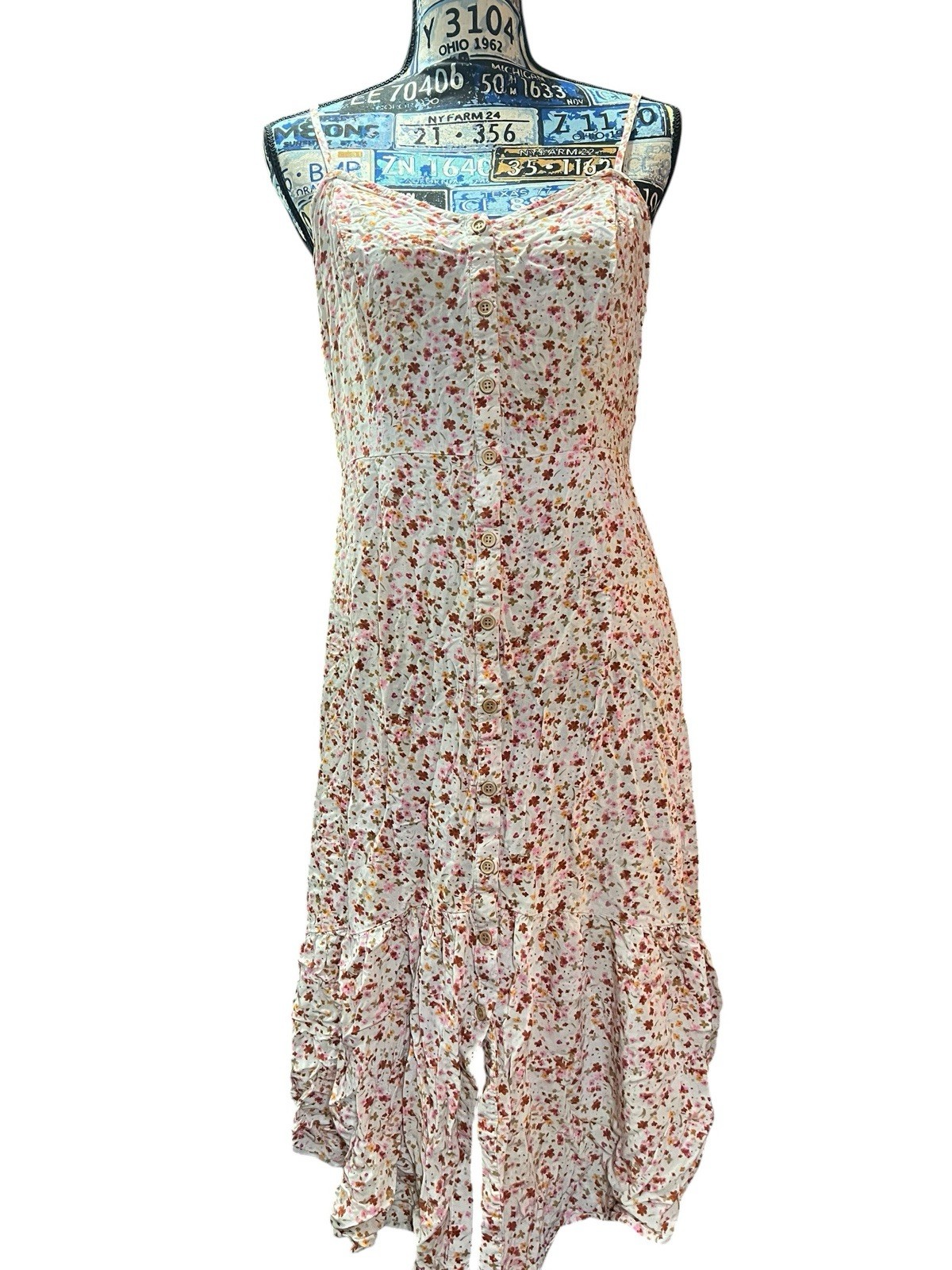 Ditsy Floral White Printed Spaghetti Strap Tea Party Dainty Button Dress Sz XL