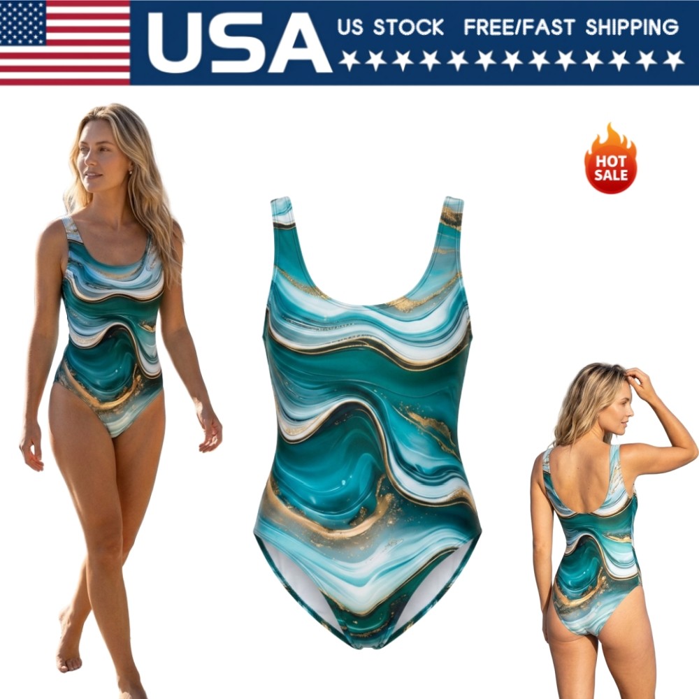 Women Teal Marble Gold Streak One Piece Swimsuit Sleeveless U Neck Beach Suit