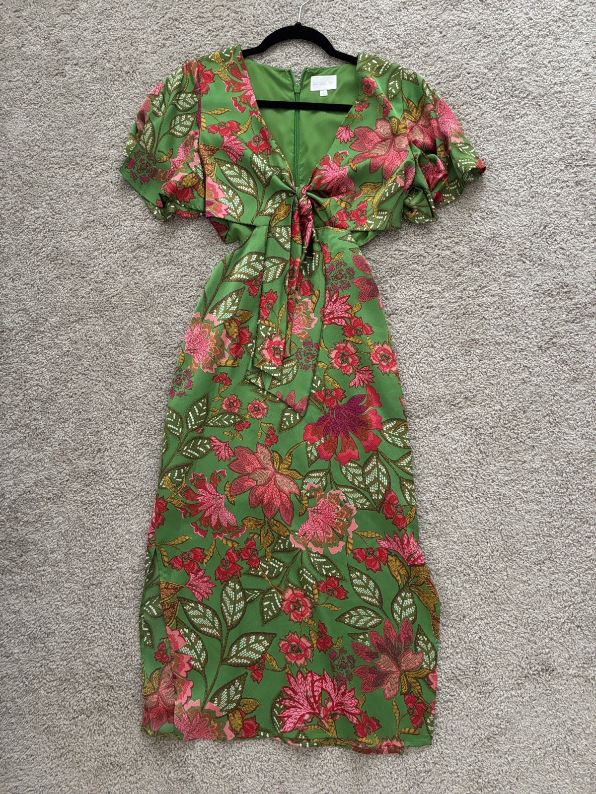 Sugarlips Green Pink Floral V-Neck Tie Front Zip A-Line Midi Dress S