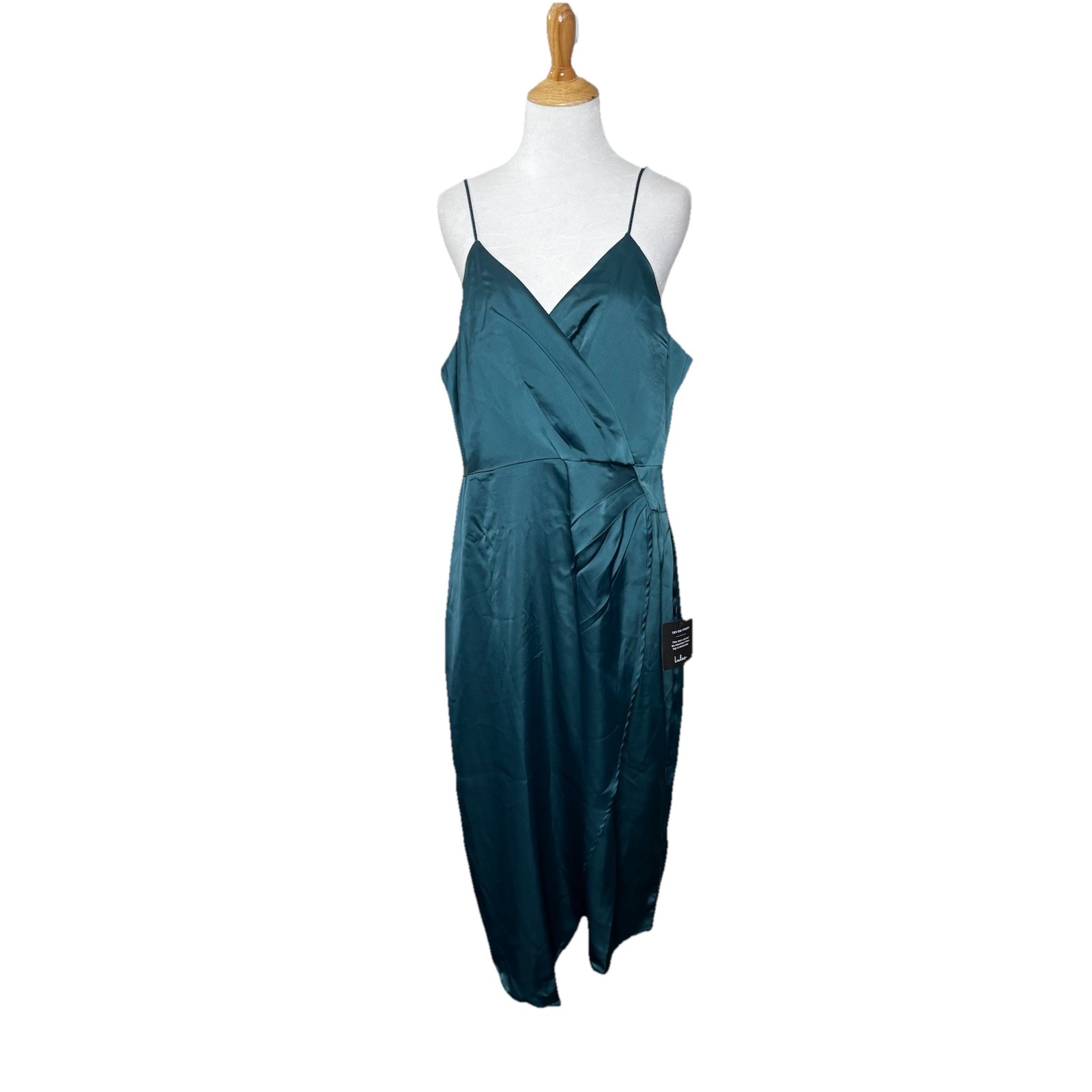 Lulu’s Quite Likely Dark Teal Satin Asymmetrical Midi Dress Size XL NWT New