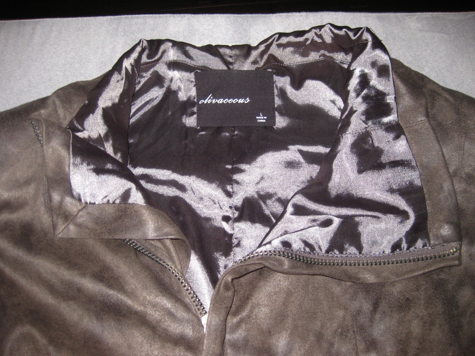 Olivaceous PU Synthetic Leather Gray Biker Jacket Zipper Pockets Size Large L