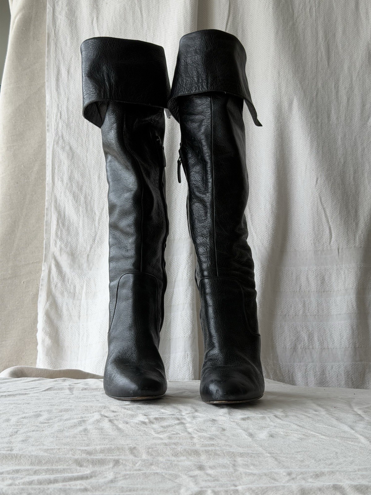 Eden Women’s Brown Leather Over the Knee Boots Almond Toe Block Heel Zip 8