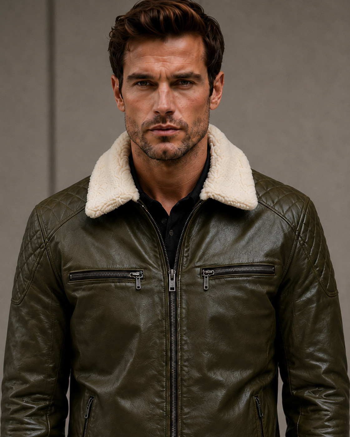 Men’s Green Leather Jacket – Faux Shearling Collar – Quilted Biker – Bomber Zip