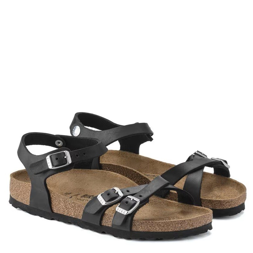 BIRKENSTOCK KUMBA BLACK WAXY LEATHER MEDIUM/NARROW WIDTH CROSSED STRAPS SANDALS