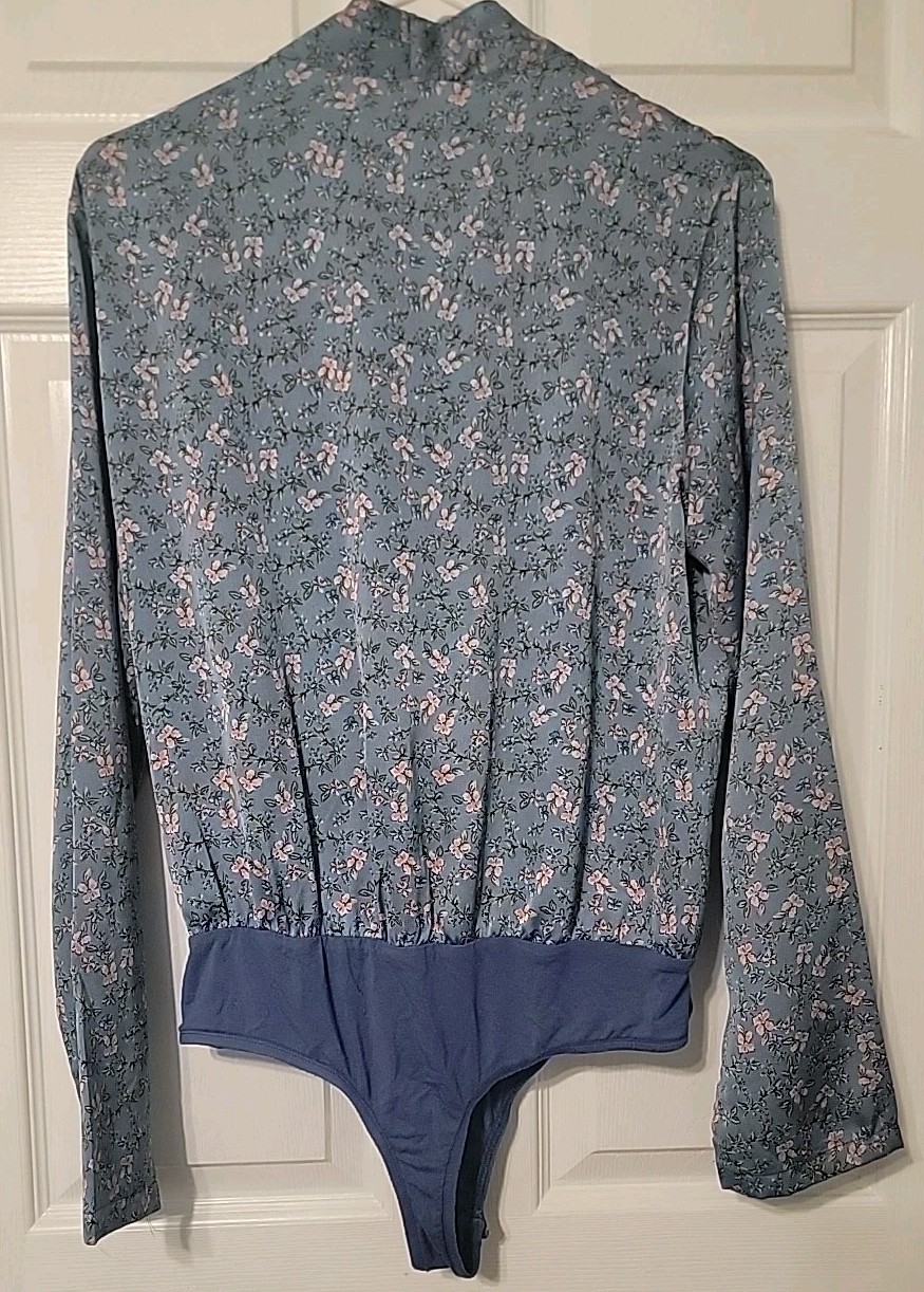 NWOT Sz L Super Down by Revolve Surplice Bodysuit, Hand Wash, Blue w Pink