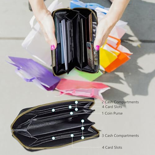 Womens Wristlet Wallets Large Capacity Card Holder Cash Pocket Zip Around Top