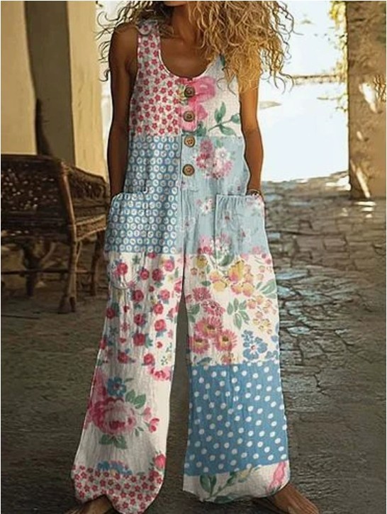 Women Sleeveless Wide Leg Jumpsuit Floral Print Loose Pocket Long Overall Romper