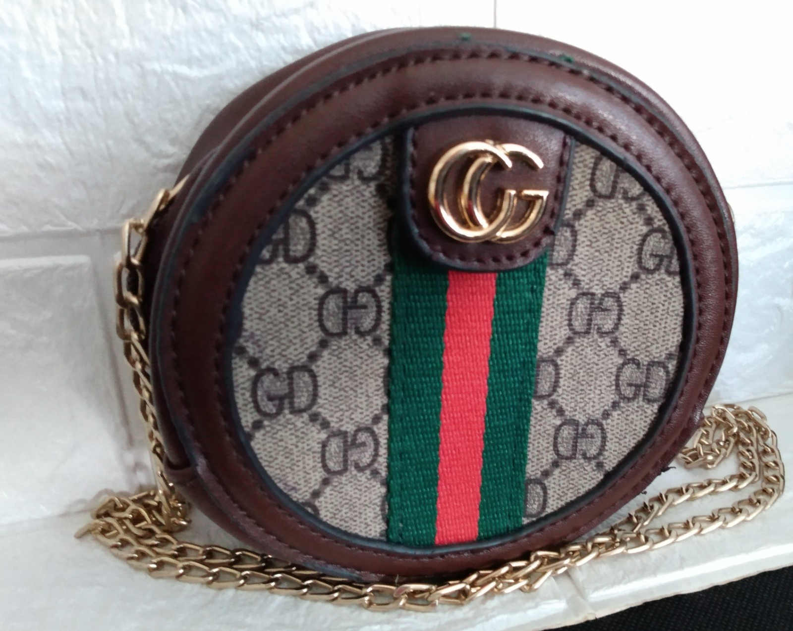 Round Mini Crossbody Bag Web Stripe Gold Hardware Long Chain Strap ~ New