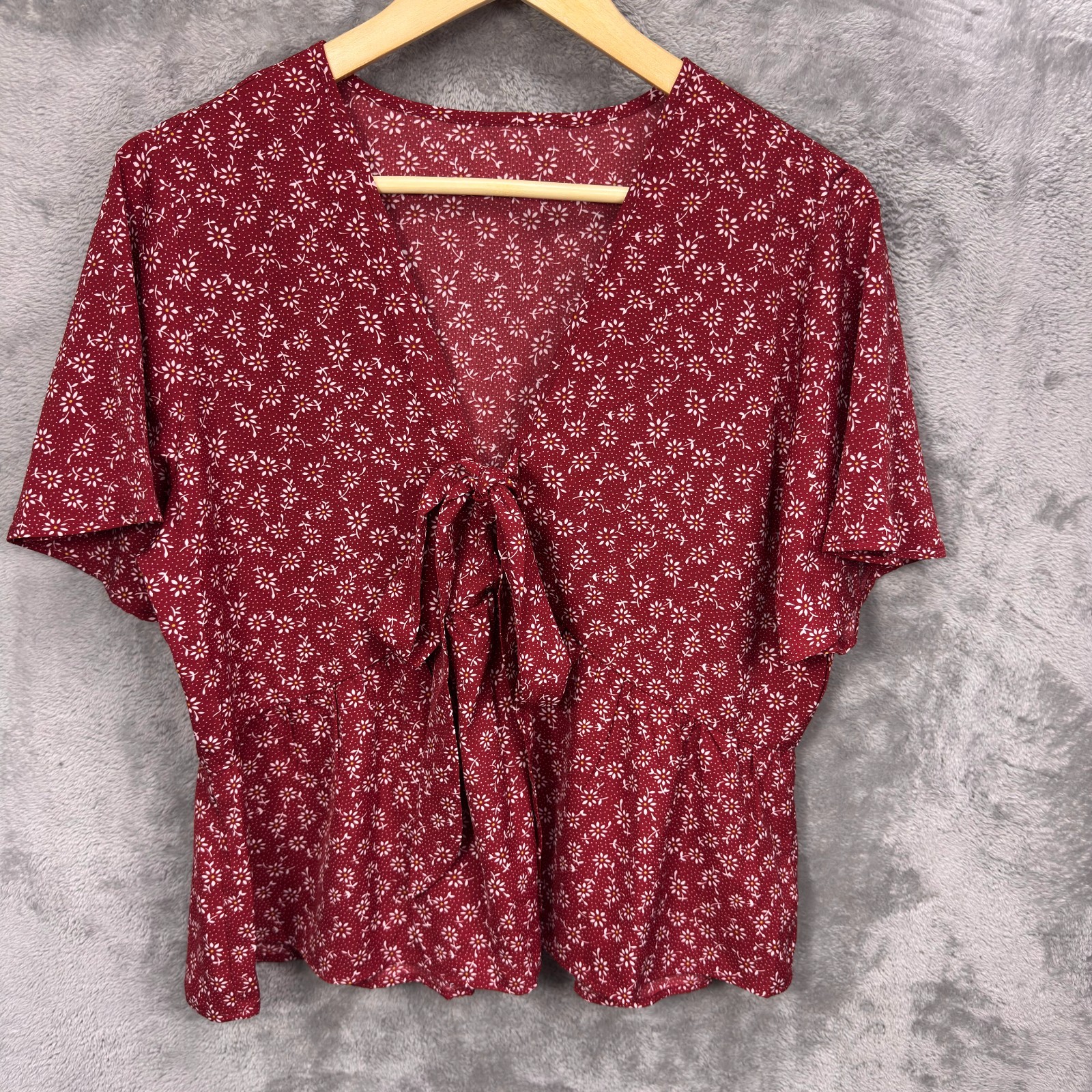Lyaner Womens Y2K Babydoll Peplum Top L Ditsy Floral Front Tie Boho Cottage